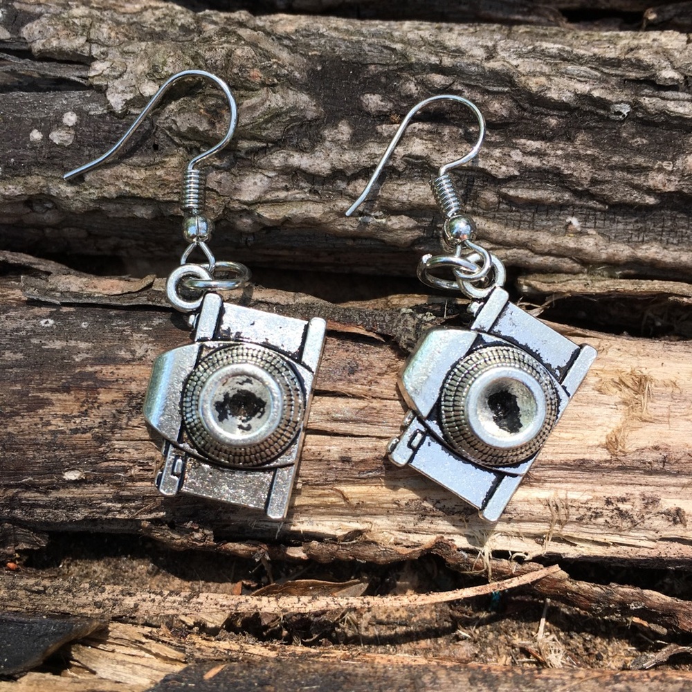 Lightweight Silver Tone Camera Earrings